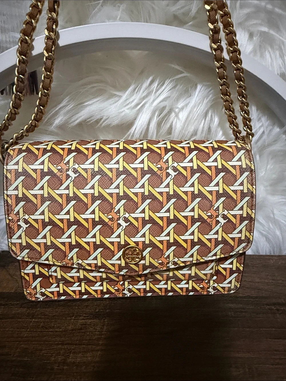 Tory Burch Geometric Print Chain Crossbody in Brown and Yellow